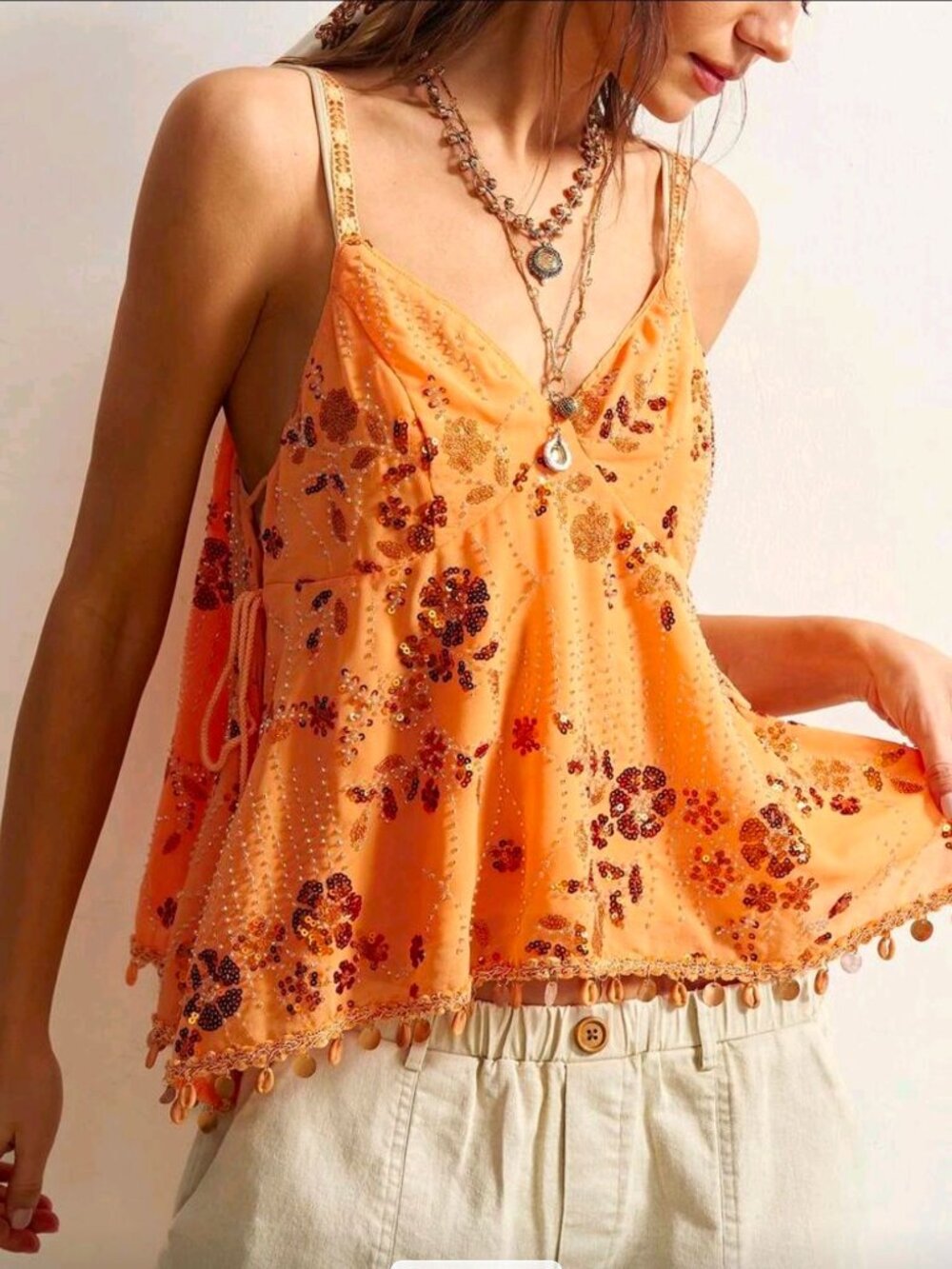 BOHEMELA ✦ Sequin Embroidered Beaded Hem Cami ✦ Orange Boho Open‑Side Tie Strap